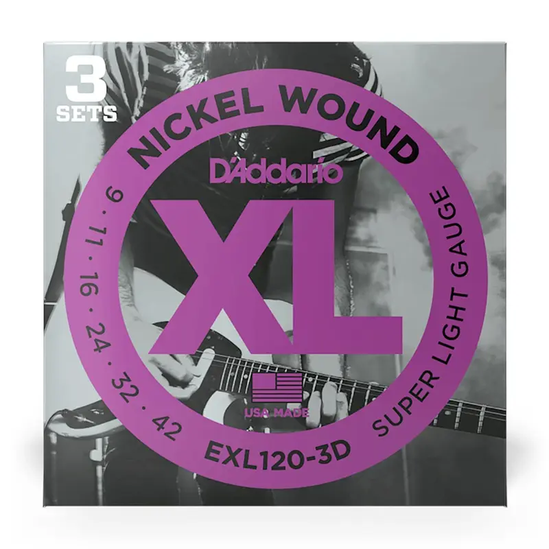 D'Addario - EXL120-3D - 3 Pack Nickel Wound Super Light 9-42 - Electric Guitar Strings