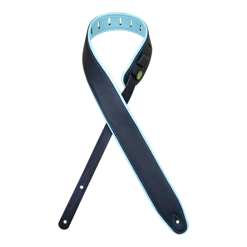 Colonial Leather - 2.5 Padded Upholstery Leather Guitar Strap - Black & Aqua