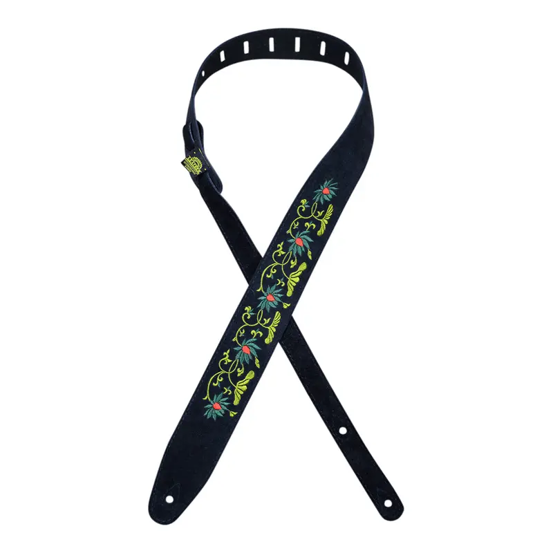 Colonial Leather - Flower and Leaves Embroidered Suede Guitar Strap - Black