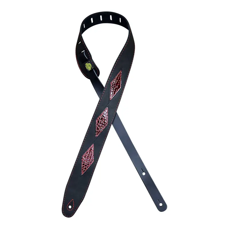 Colonial Leather - Red Croc Diamond Pattern on Black Leather Inlay Strap - Black