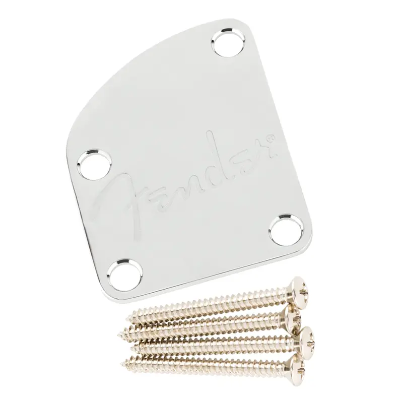 Fender 4 Bolt Deluxe Series Contoured Neck Plate with Logo in Chrome