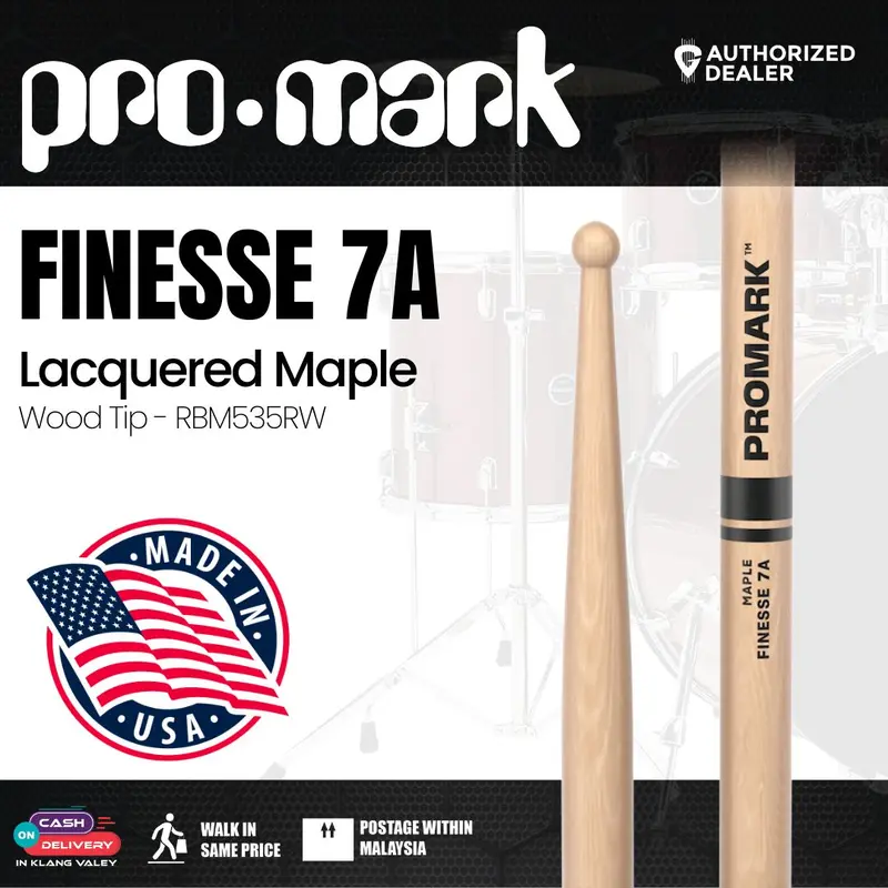 Promark RBM535RW Finesse 7A .535 Lacquered Maple Drumsticks, Wood Tip