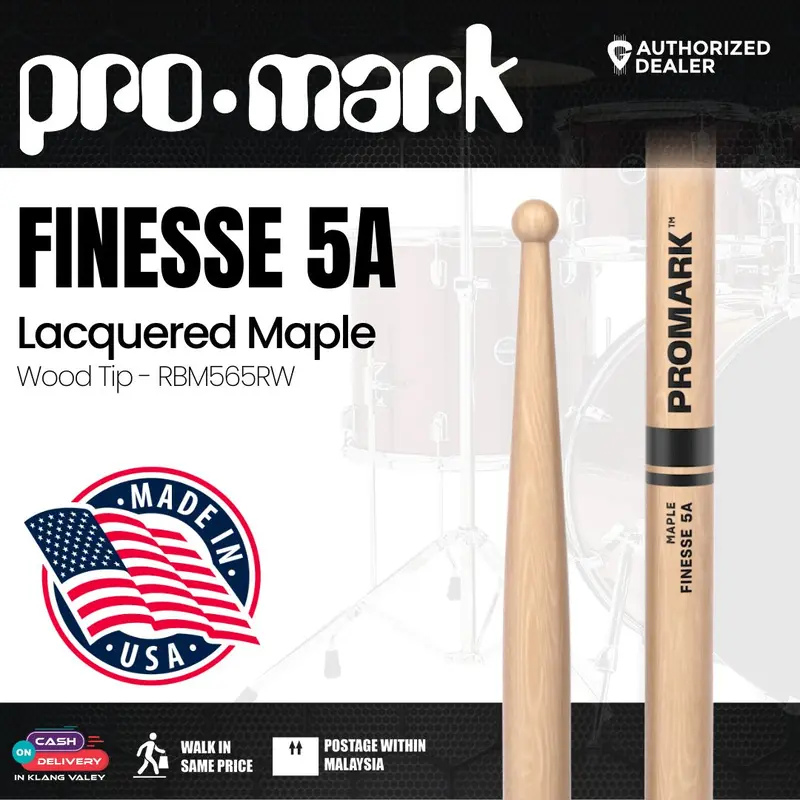 Promark RBM565RW Finesse 5A .565 Lacquered Maple Drumsticks, Wood Tip