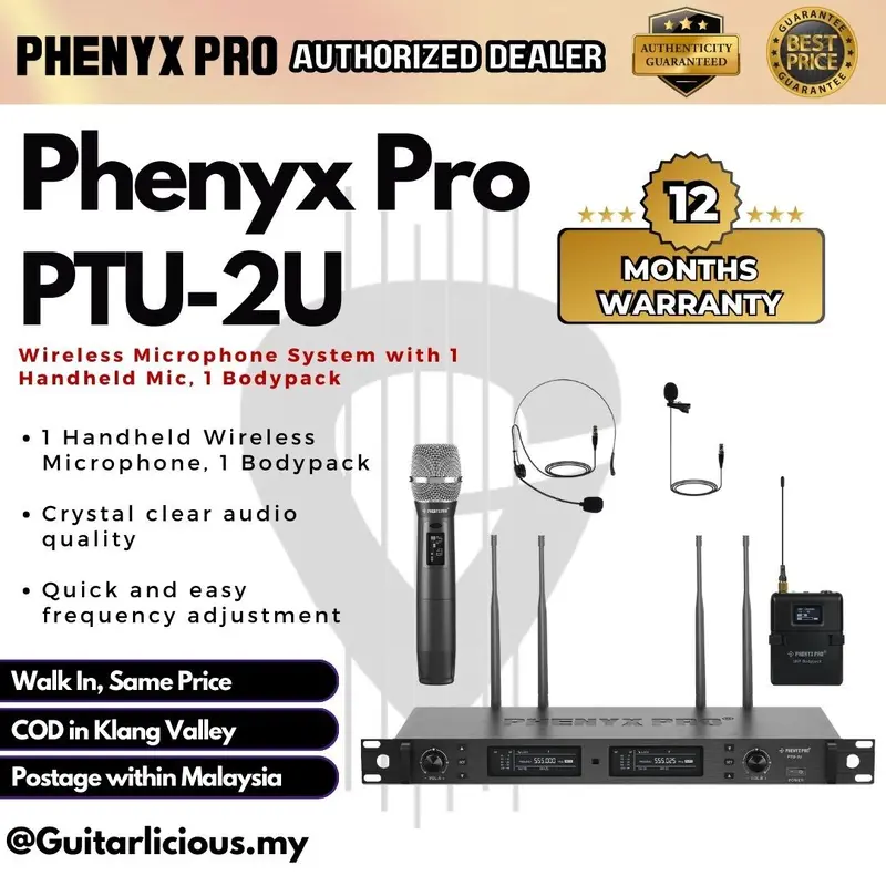 Phenyx Pro PTU-2U-1H1B True Diversity Wireless Microphone System 1x Microphone, 1x Bodypack 2x1000 Channels 328ft PTU2U