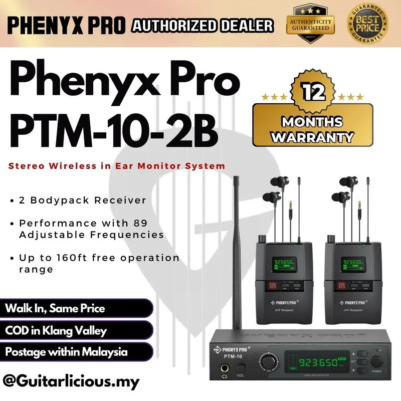 Phenyx Pro Wireless PTM-10-2B Stereo Wireless in Ear Monitor System with 2 Bodypack Receivers ( PTM-10 PTM 10 PTM10B )