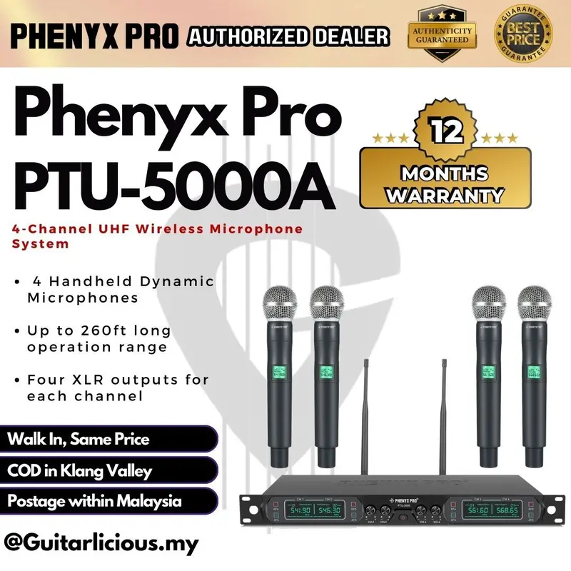 Phenyx Pro Wireless PTU-5000A 4-Channel UHF Wireless Microphone System, 260ft Range ( PTU )