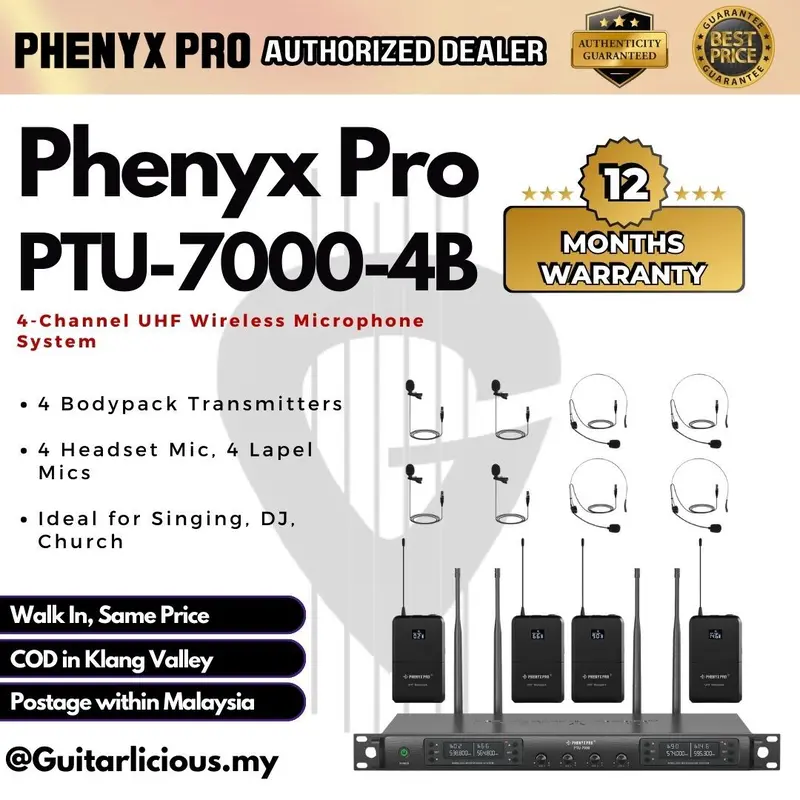 Phenyx Pro Wireless PTU-7000 (4B) 4-channel UHF Wireless Microphone System, 2 Headset Mic & 2 Lapel Mic, 328ft Range