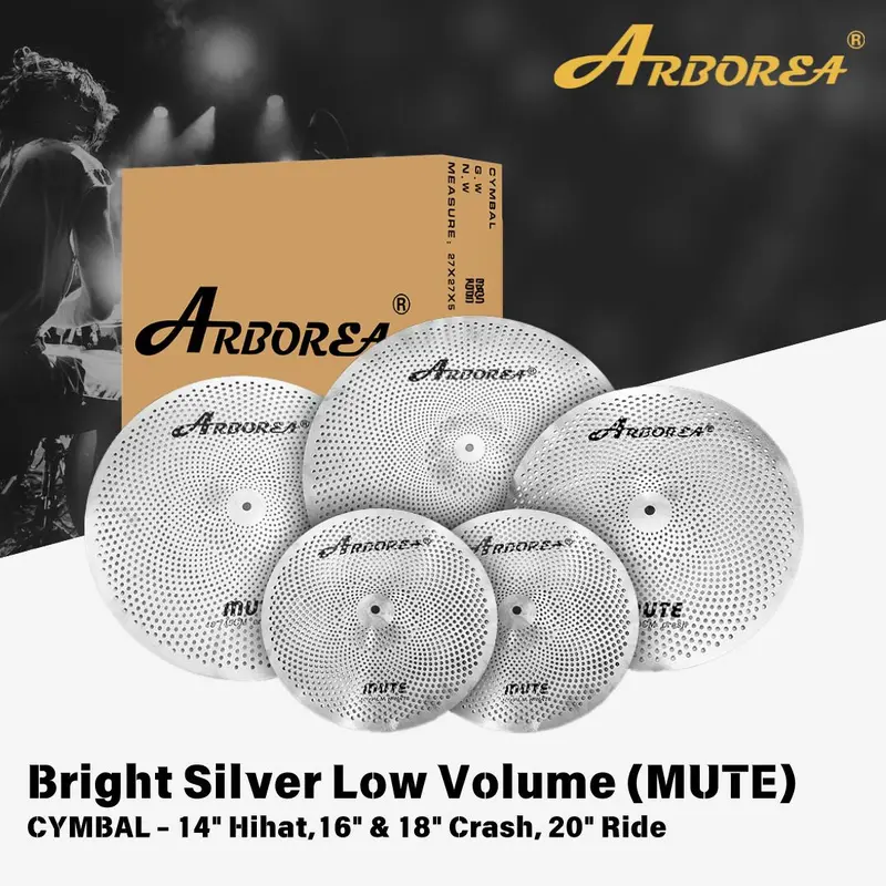 Arborea Mute Cymbal Set Bright Silver Low Volume Cymbal Pack Cymbal 14"HH, 16"Crash, 18"Crash, 20"Ride