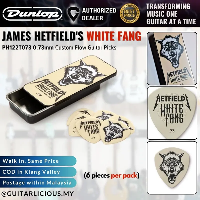 Jim Dunlop White Fang James Hetfield Custom Flow Guitar Picks , 6 / Tin ( PH122T073 PH122T114 )