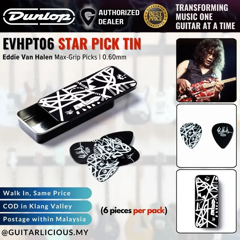 Jim Dunlop EVHPT06 Star Guitar Pick Tin | Eddie Van Halen Max-Grip Picks | 0.60mm (6 pcs/tin)