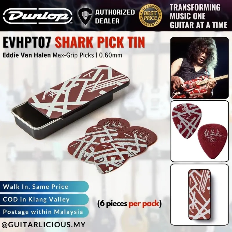 Jim Dunlop EVHPT07 Shark Guitar Pick Tin | Eddie Van Halen Max-Grip Picks | 0.60mm (6 pcs/tin)
