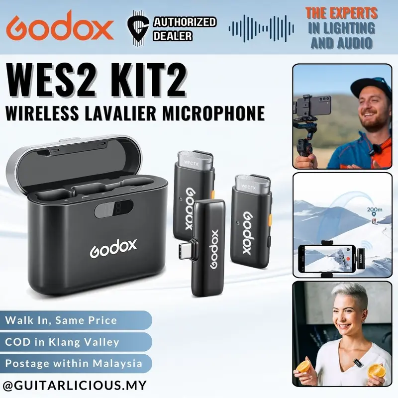 GODOX WES2 Kit2 Wireless Lavalier Microphone for Android/USB C, Dual Channel 2.4G Wireless Mic w/ Charging Case