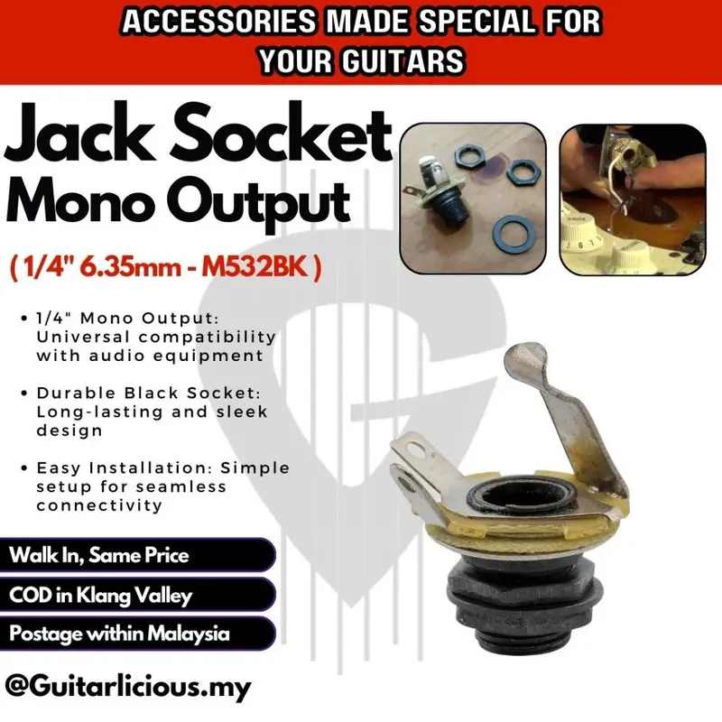 1/4" / 6.35mm Mono Output Jack Socket - Black / Chorme ( M532BK / M532/ MU0220-3 )