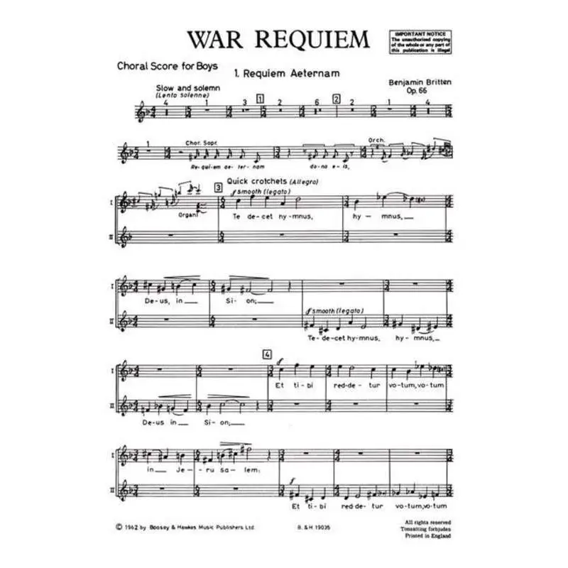 WAR REQUIEM OP 66 BOYS CHORUS CHORAL SCORE